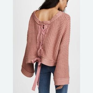 Free People Sweater, waffle knit, lace up bow back, pink